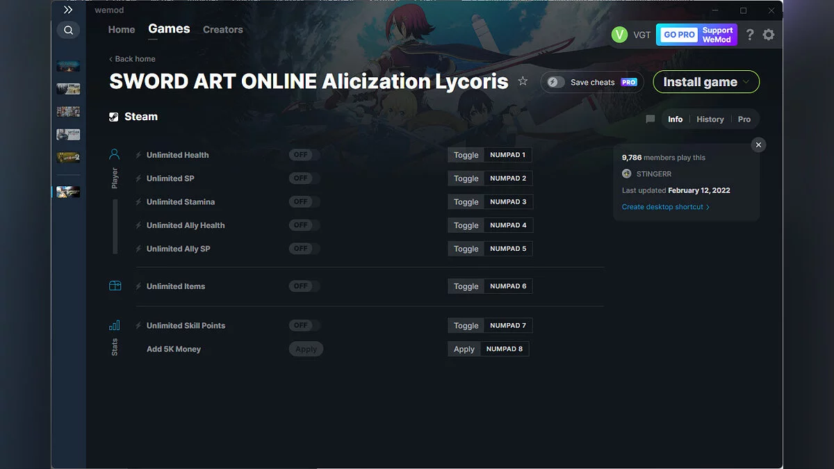 Sword Art Online: Alicization Lycoris — Trainer (+8) from 02/12/2022 [WeMod]