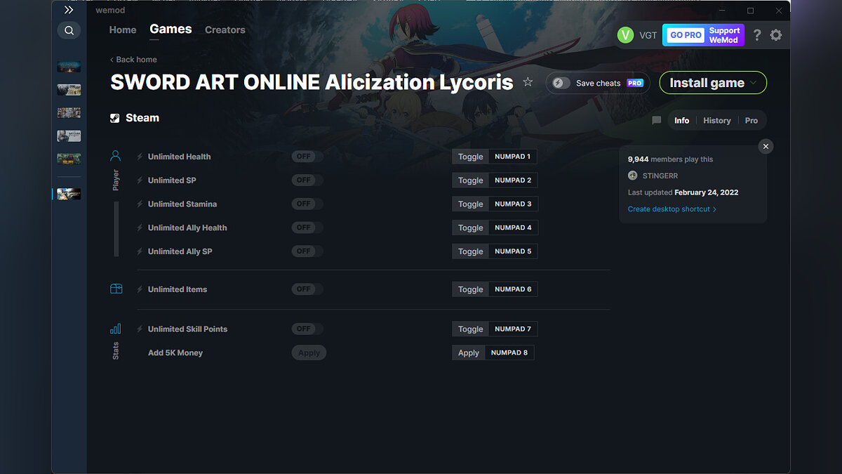 Sword Art Online: Alicization Lycoris — Trainer (+8) from 02/24/2022 [WeMod]