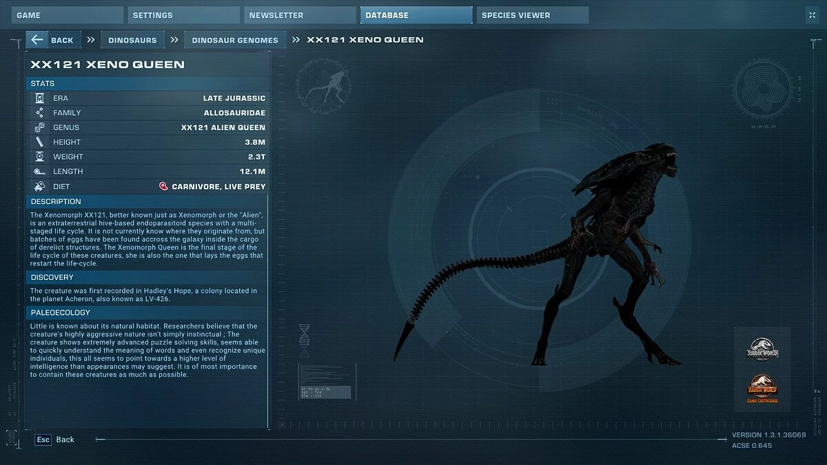 Jurassic World Evolution 2 — Xenomorph Database