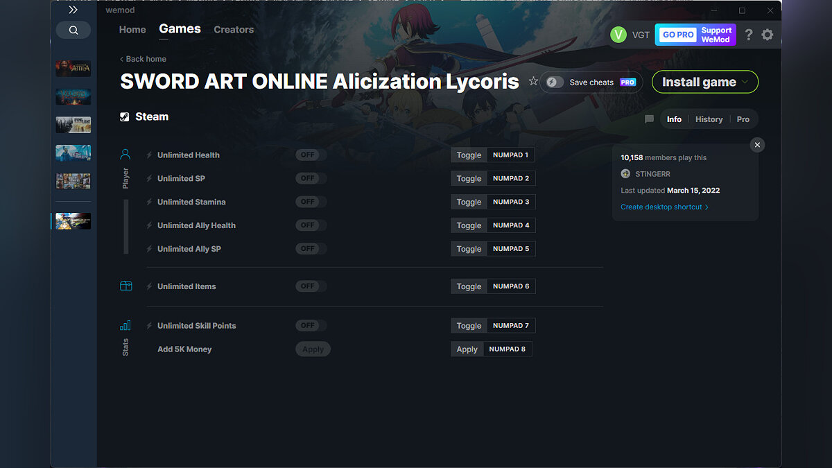 Sword Art Online: Alicization Lycoris — Trainer (+8) from 03/15/2022 [WeMod]