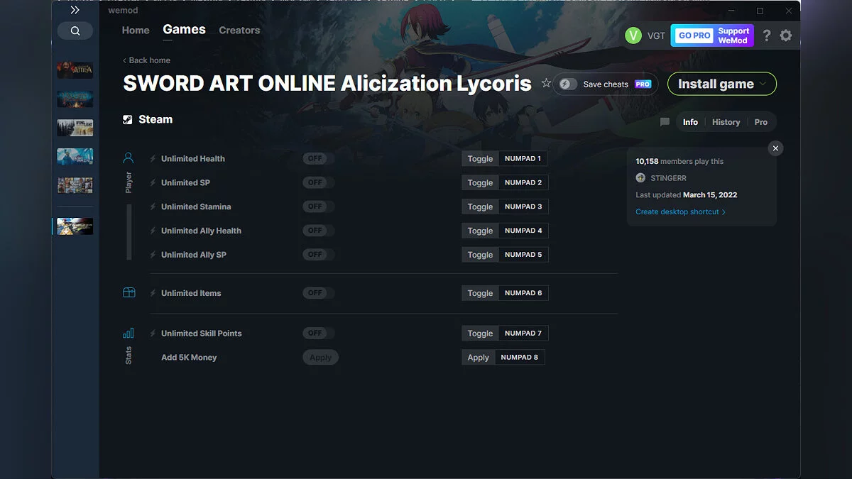 Sword Art Online: Alicization Lycoris — Trainer (+8) from 03/15/2022 [WeMod]