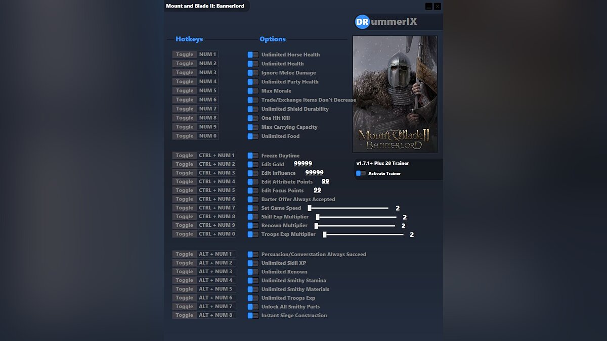 Mount &amp; Blade 2: Bannerlord — Trainer (+28)[game version v1.7.1+]