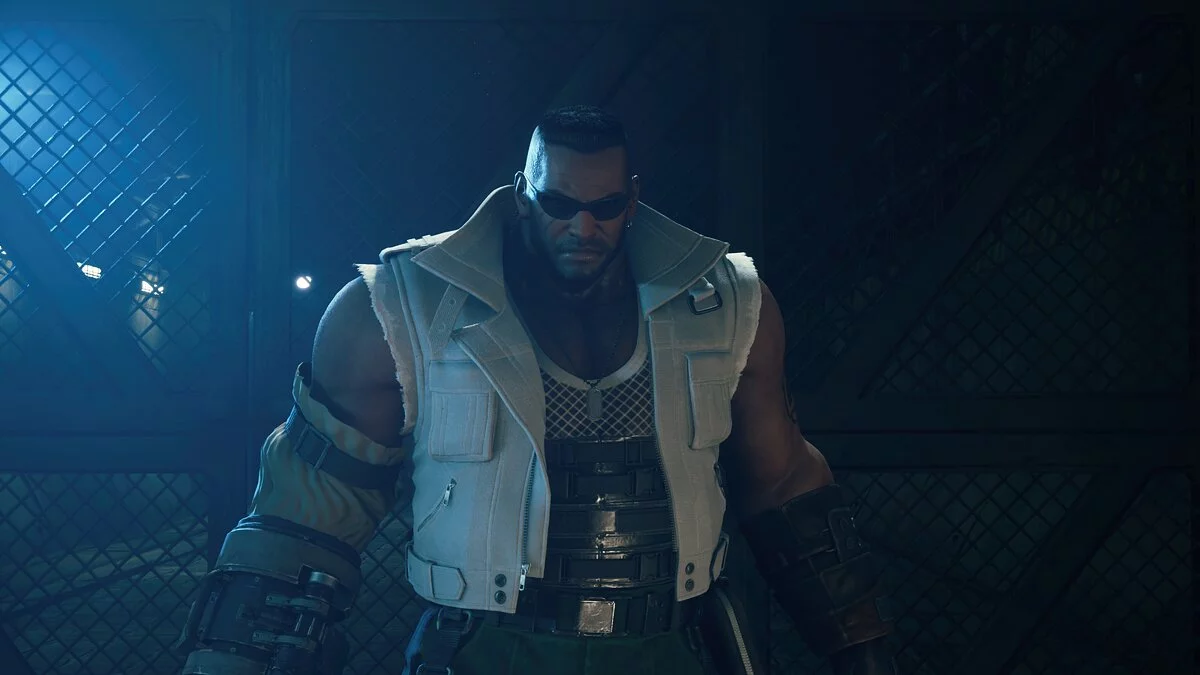 Final Fantasy VII Remake — Barrett vistiendo ropa del juego de Advent Children