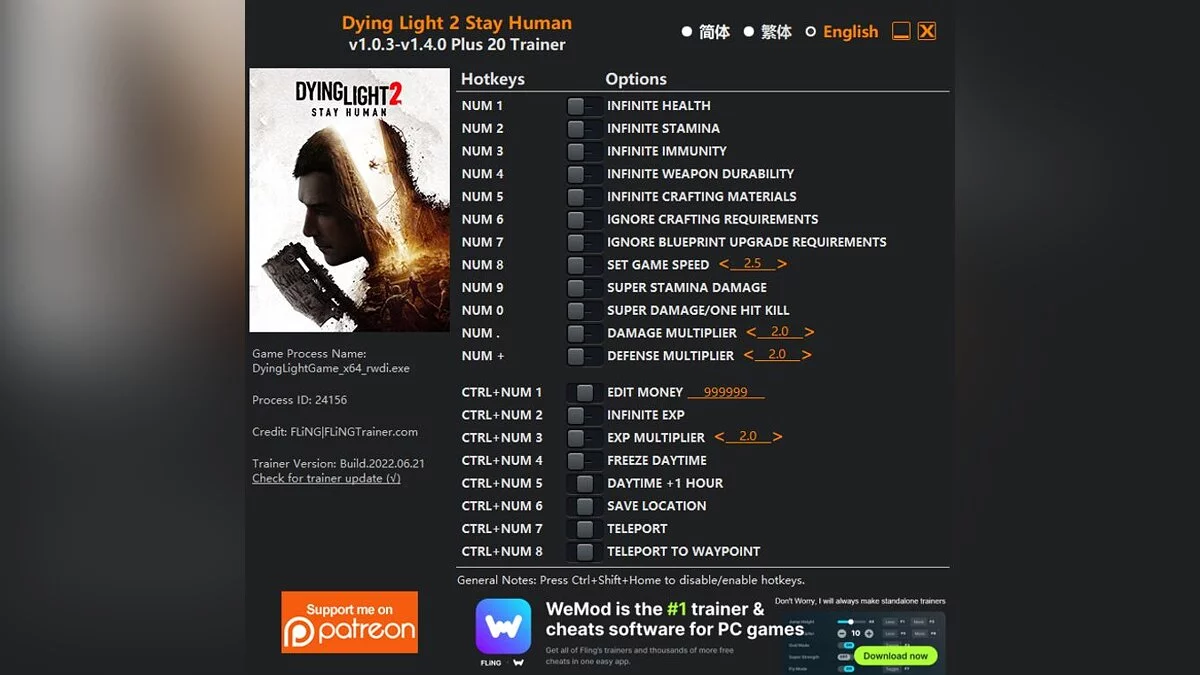 Dying Light 2 Stay Human — Trainer (+20) [1.0.3 - 1.4.0]