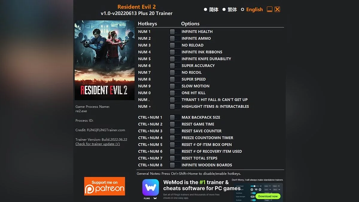 Resident Evil 2 — Trainer (+20) [1.0 - UPD: 06/22/2022]