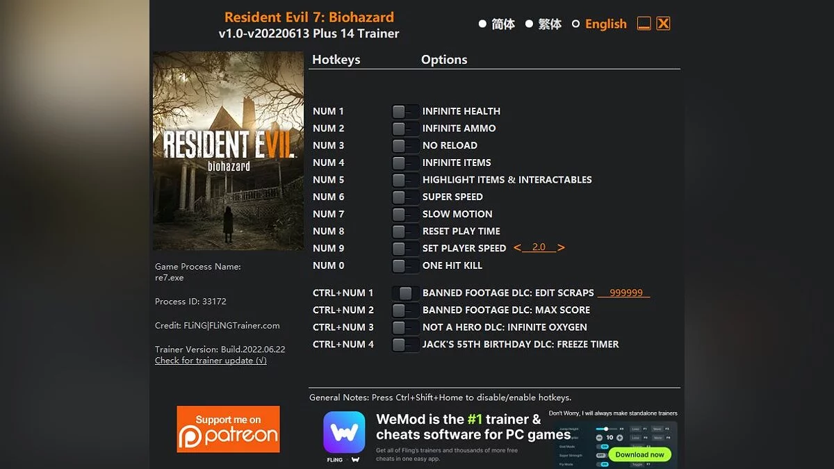 Resident Evil 7 Biohazard — Trainer (+14) [1.0 - UPD: 06/22/2022]