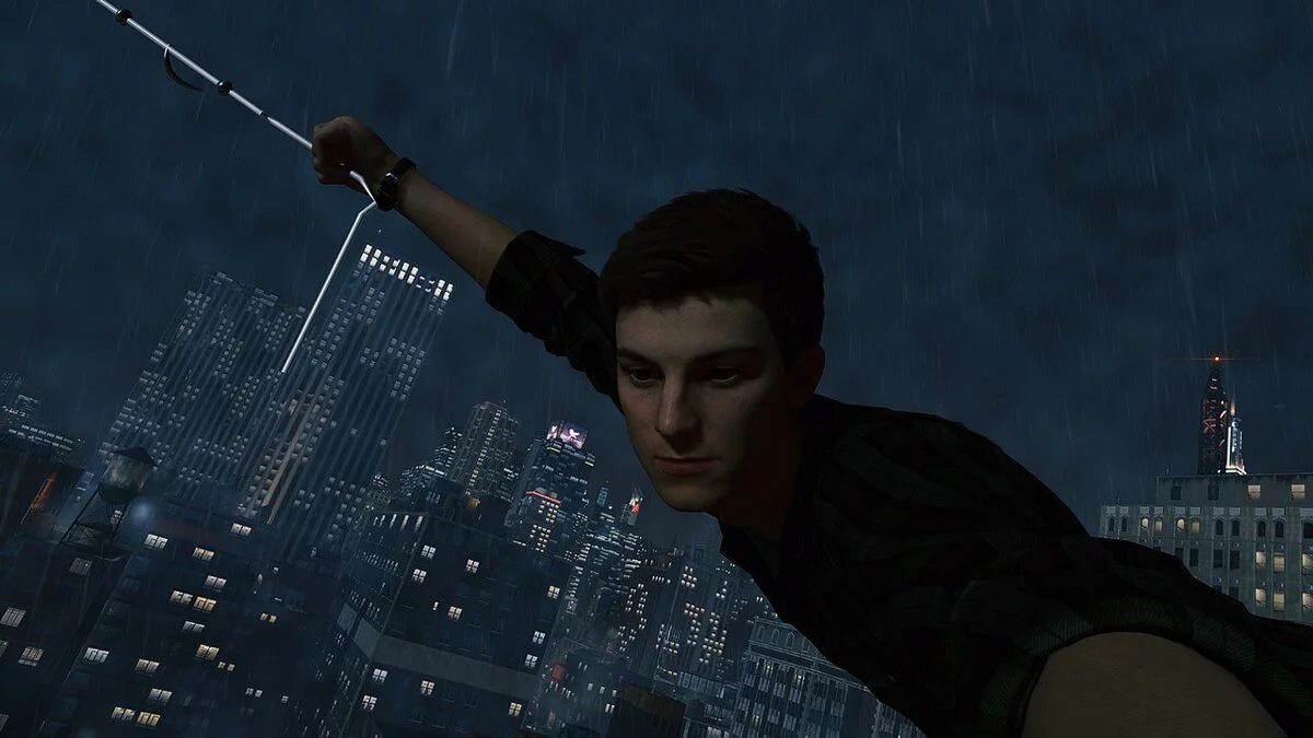 Marvel&#039;s Spider-Man Remastered — lluvia en la noche