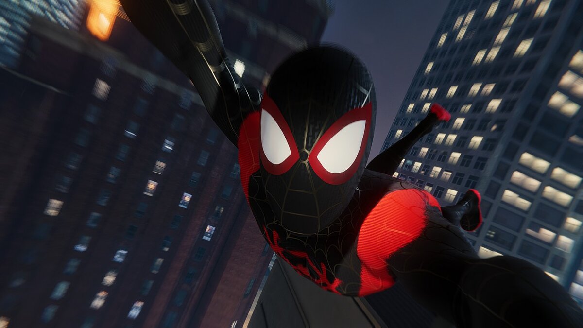 Marvel&#039;s Spider-Man Remastered — Miles Morales in costume from "Spider-Man: Into the Spider-Verse"