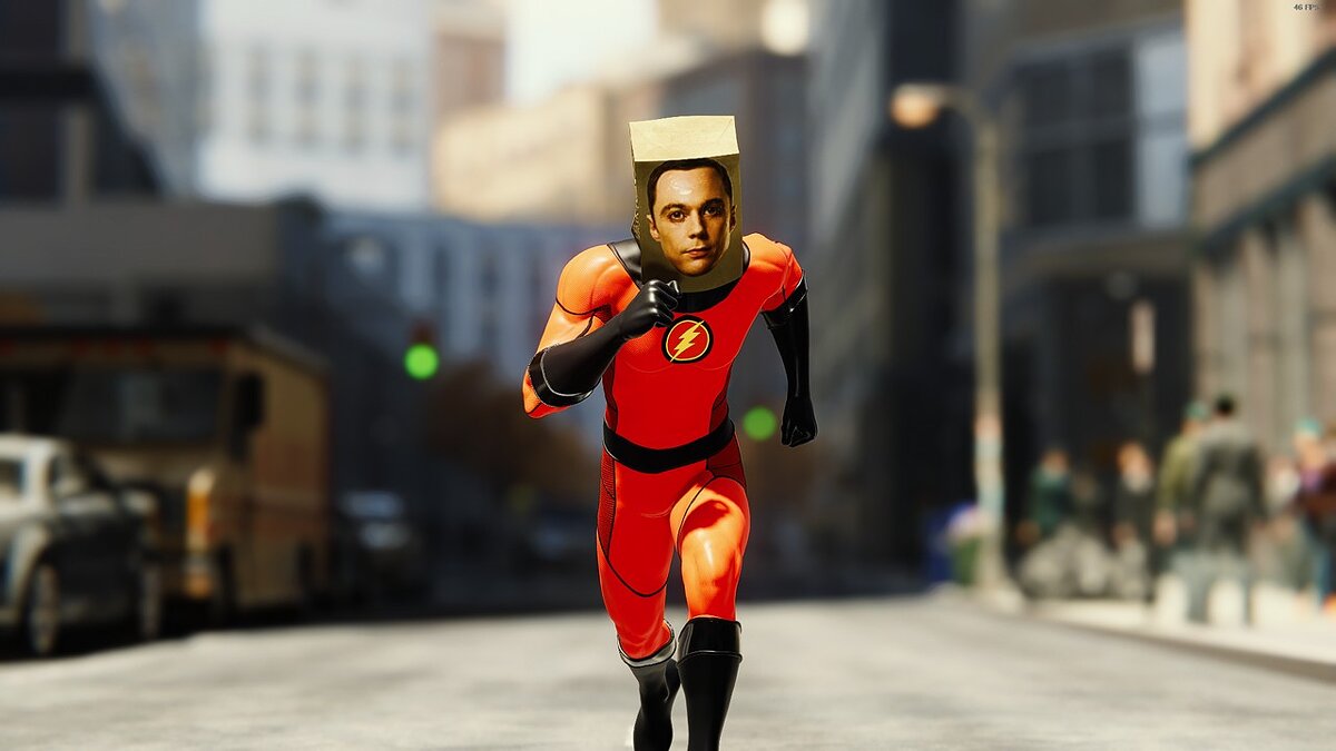 Marvel&#039;s Spider-Man Remastered — Sheldon dressed as Flash