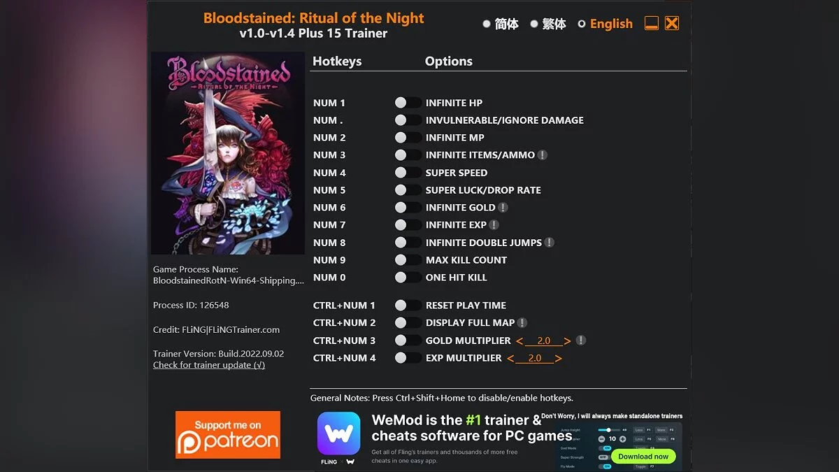 Bloodstained: Ritual of the Night — Trainer (+15) [1.0 - 1.4]