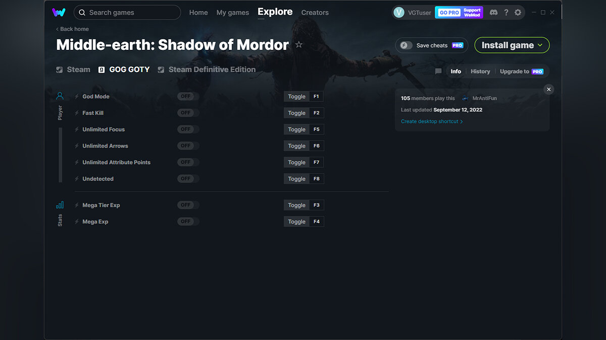 Middle-earth: Shadow of Mordor — Trainer (+8) from 09/12/2022 [WeMod]