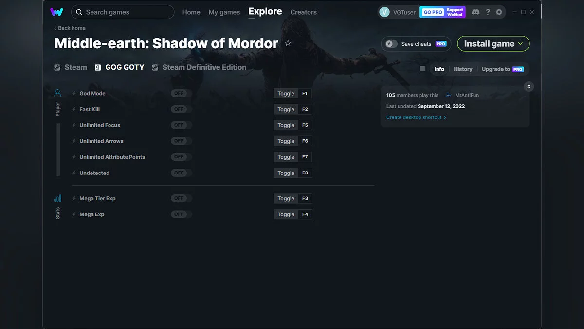 Middle-earth: Shadow of Mordor — Trener (+8) od 12. 9. 2022 [WeMod]