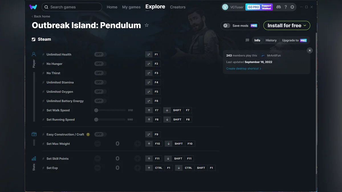 Outbreak Island: Pendulum — Entrenador (+12) del 16/09/2022 [WeMod]