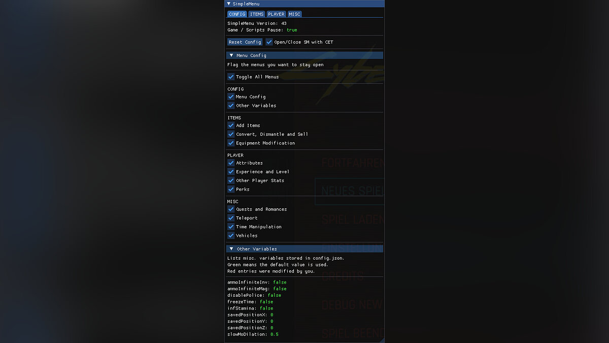 Cyberpunk 2077 — Simple menu - interface with hot keys