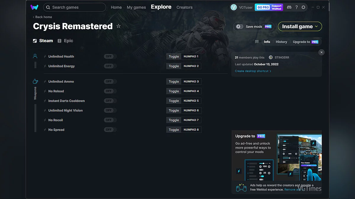 Crysis Remastered — Trainer (+8) from 10/13/2022 [WeMod]