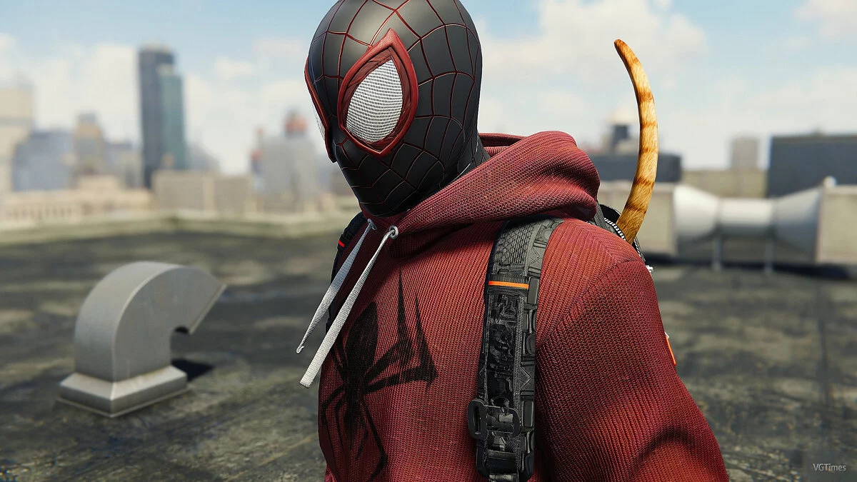 Marvel&#039;s Spider-Man Remastered — Disfraz de Miles con gato.