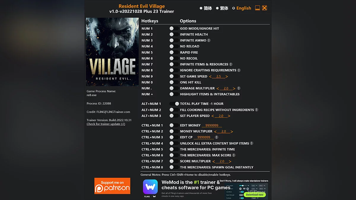 Resident Evil Village — Trainer (+23) [1.0 - UPD: 10/28/2022]