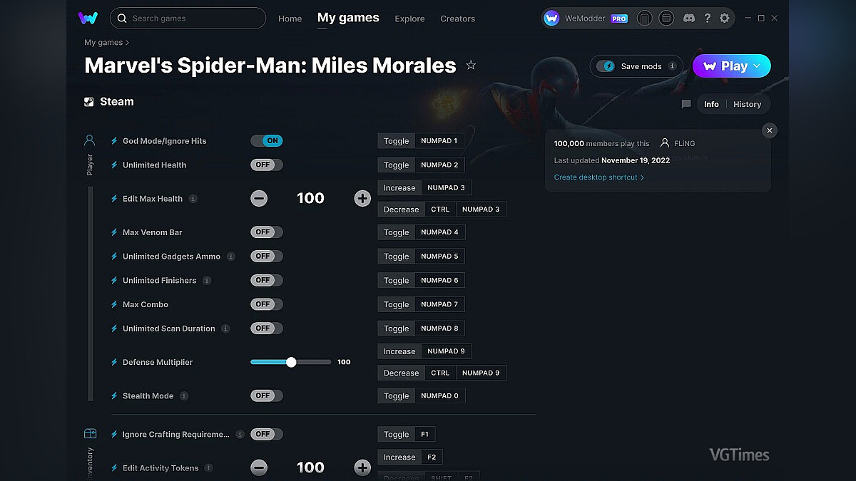 Marvel&#039;s Spider-Man: Miles Morales — Trainer (+22) from 11/18/2022 [WeMod]