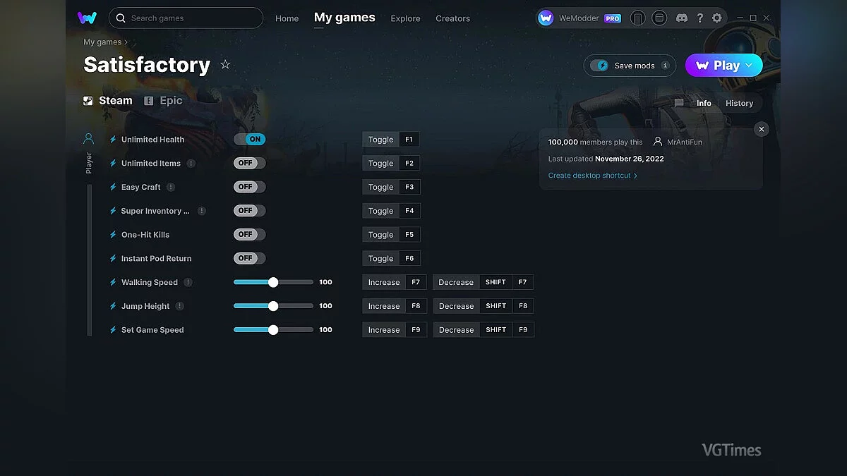 Satisfactory — Entrenador (+9) del 26/11/2022 [WeMod]