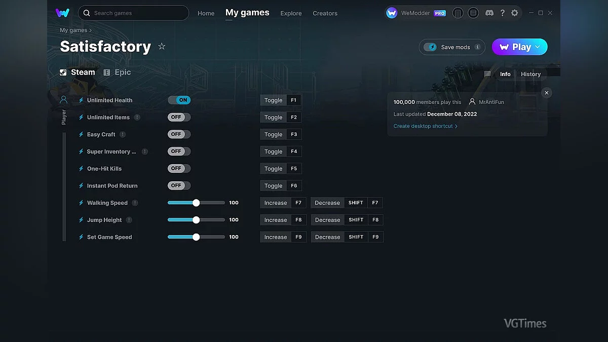 Satisfactory — Entrenador (+9) del 12.09.2022 [WeMod]