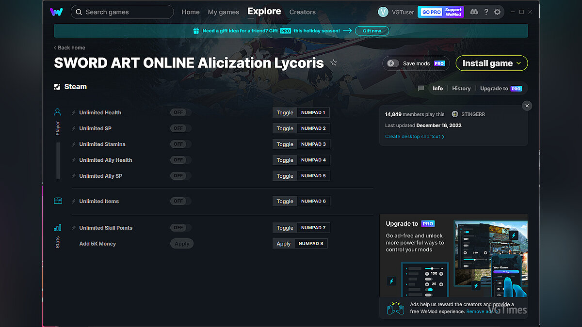 Sword Art Online: Alicization Lycoris — Trainer (+8) from 12/16/2022 [WeMod]