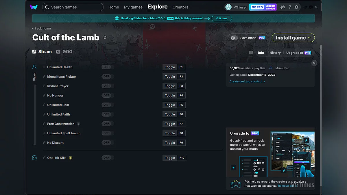 Cult of the Lamb — Entrenador (+10) del 18.12.2022 [WeMod]