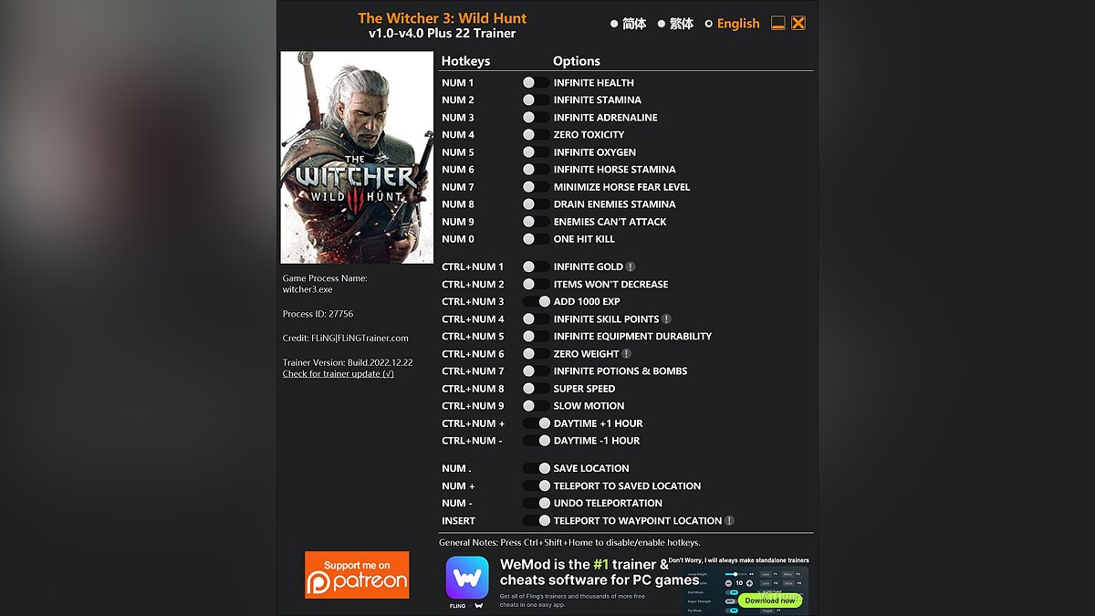 The Witcher 3: Wild Hunt — Trainer (+22) [1.0 - 4.0]