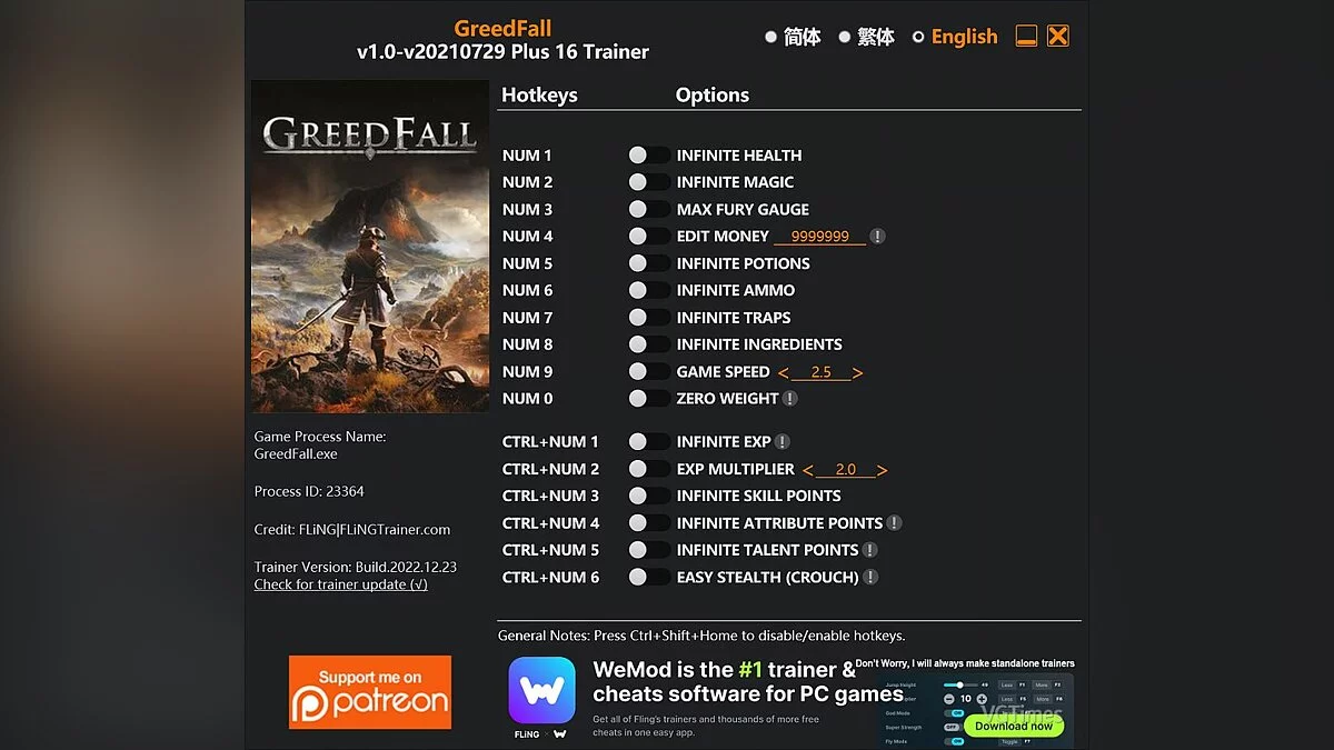 GreedFall — Trainer (+16) [1.0 - UPD: 07/29/2021]