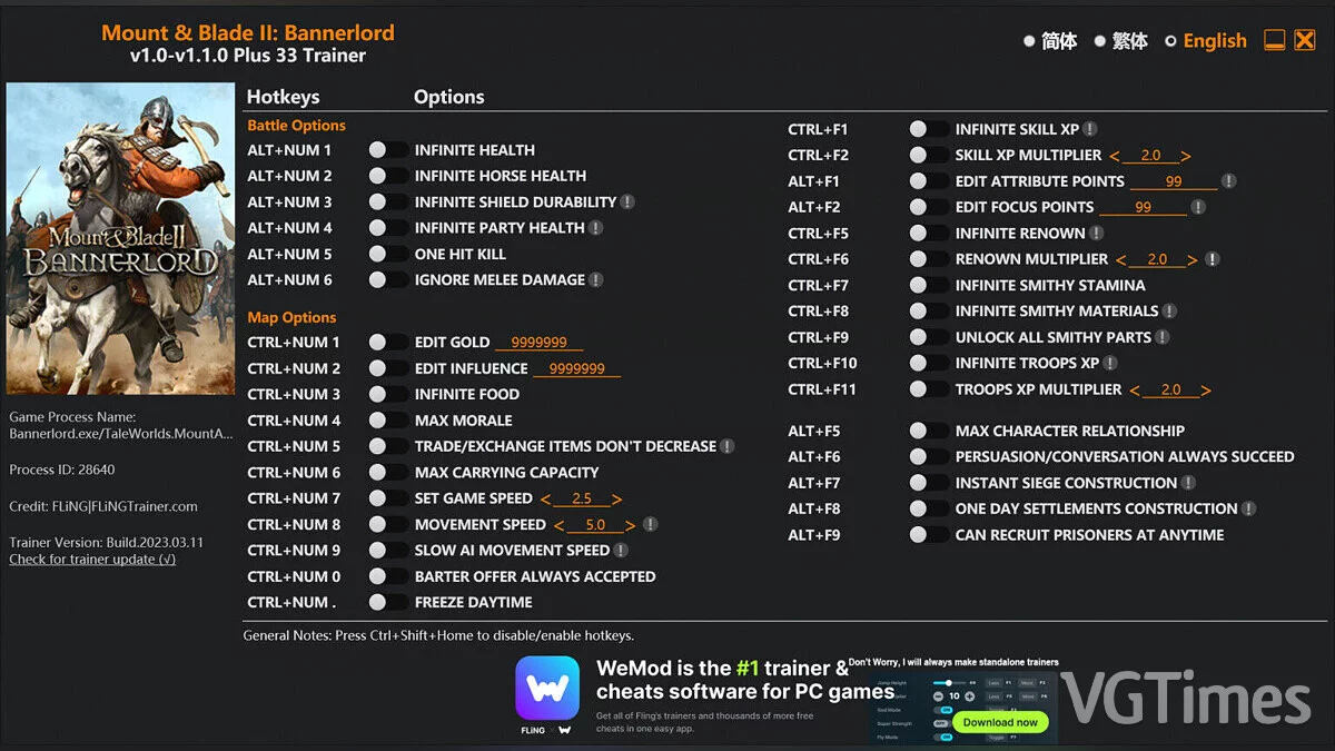 Mount &amp; Blade 2: Bannerlord — Trainer (+33) [1.0 - 1.1.0]