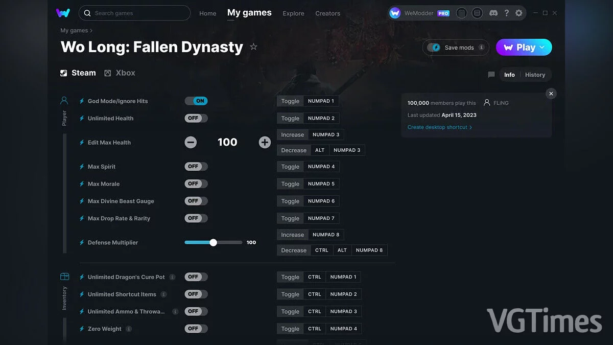 Wo Long: Fallen Dynasty — Trener (+34) od 15. 4. 2023 [WeMod]