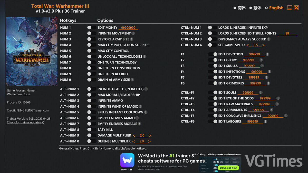 Total War: Warhammer 3 — Trainer (+36) [1.0 - 3.0]