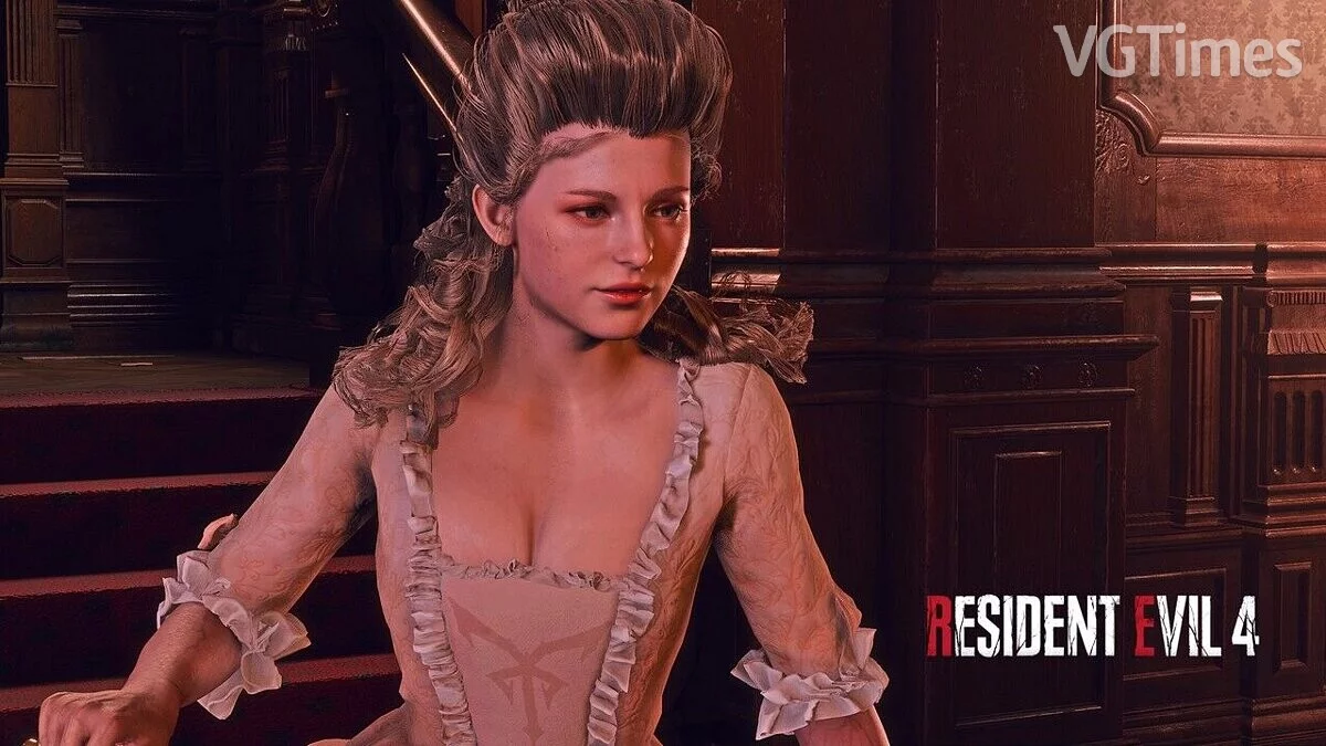 Resident Evil 4 Remake (2023) — Ashley en robe et coiffure du XVIIIe siècle