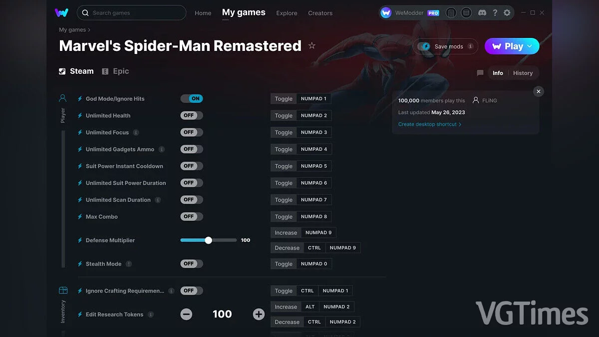 Marvel&#039;s Spider-Man Remastered — Entrenador (+30) del 26/05/2023 [WeMod]