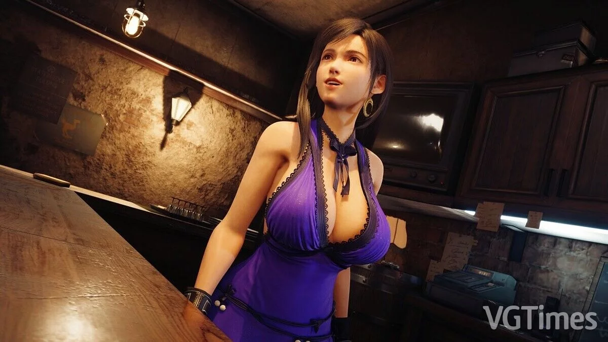 Final Fantasy VII Remake — Tifa's big breasts in a purple dress