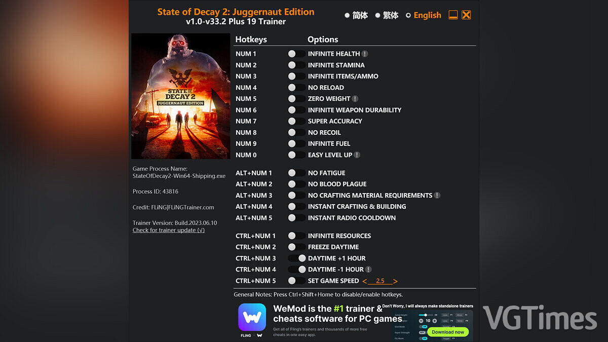 State of Decay 2: Juggernaut Edition — Trainer (+19) [1.0 - 33.2]