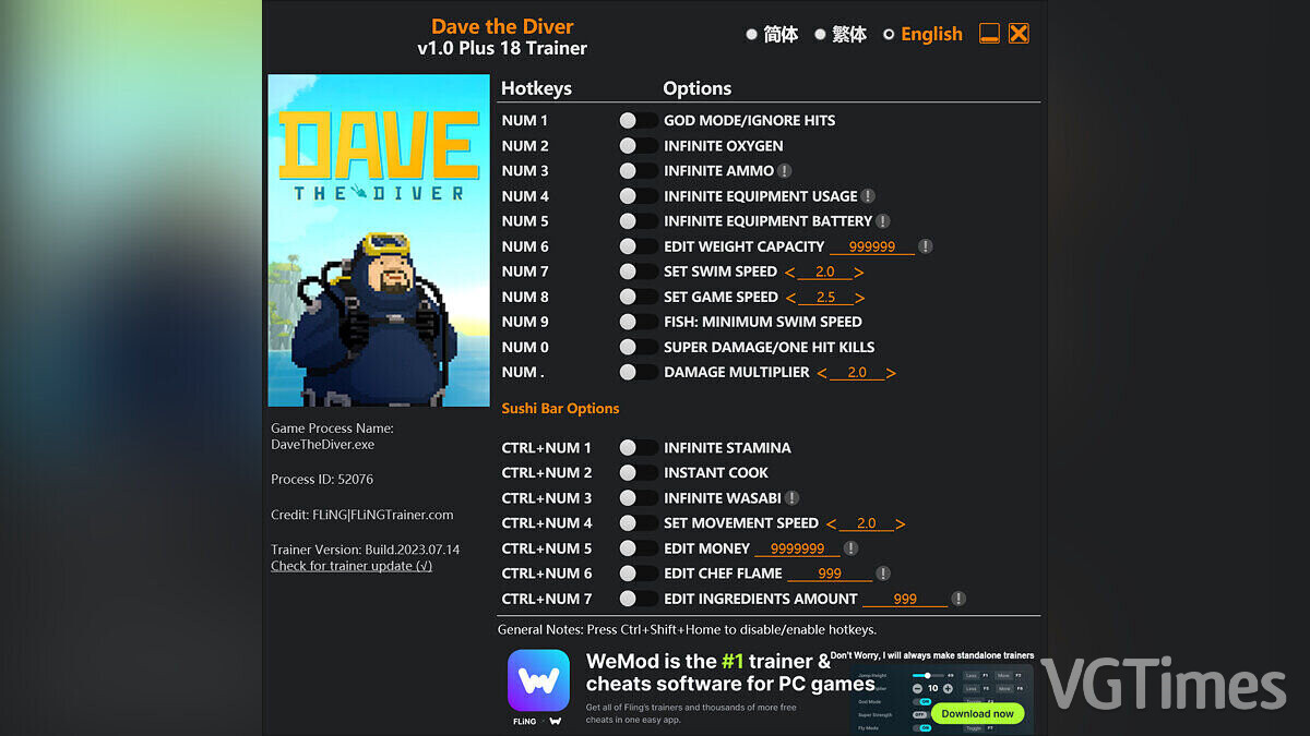 Dave the Diver — Trainer (+18) [1.0]