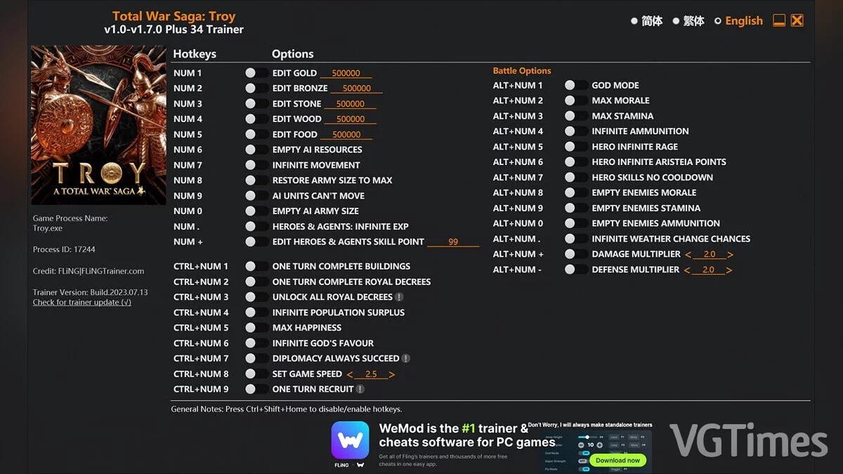 Total War Saga: Troy — Trainer (+34) [1.0 - 1.7.0]