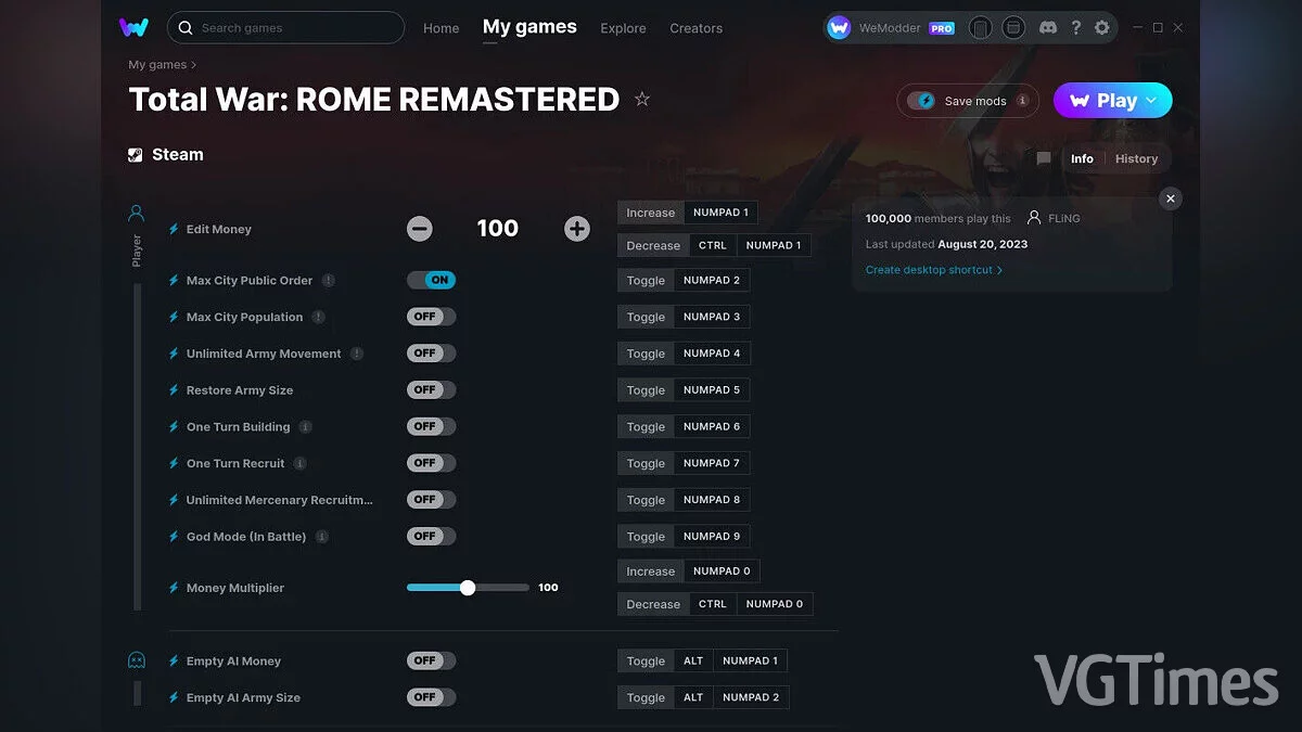 Total War: Rome Remastered — Trainer (+13) from 08/20/2023 [WeMod]