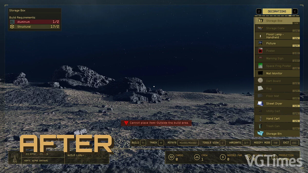 Starfield — Компактный интерфейс в меню строительства