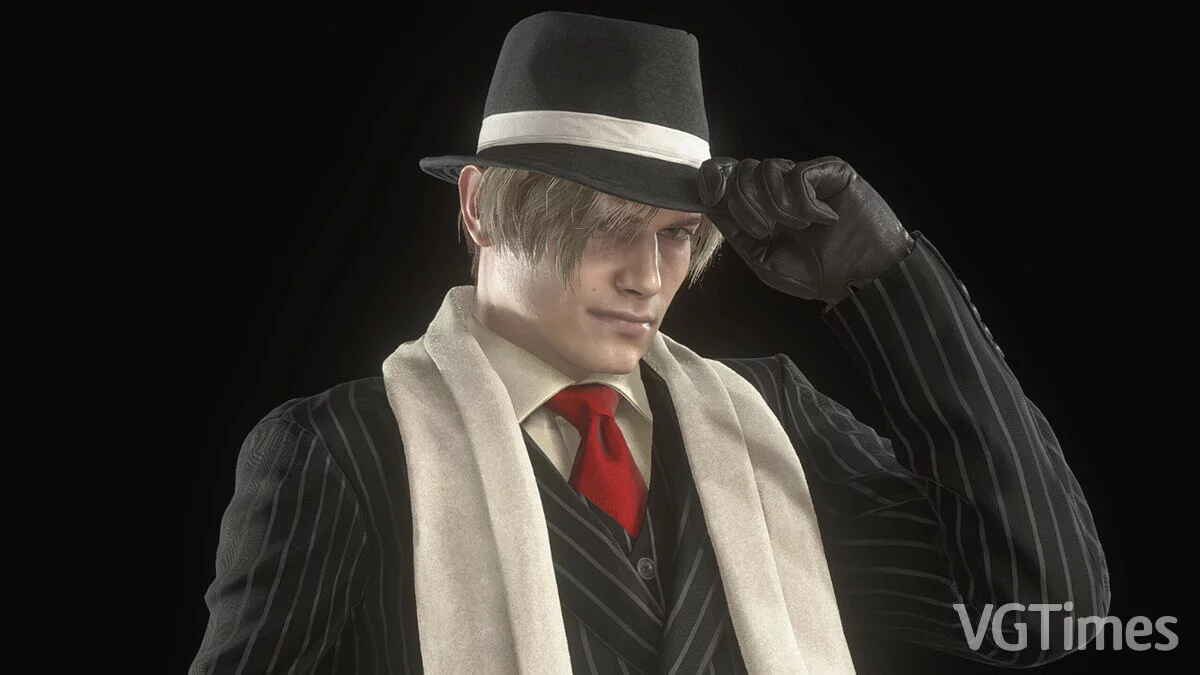 Resident Evil 4 Remake (2023) — Leon with bangs in a mafia costume