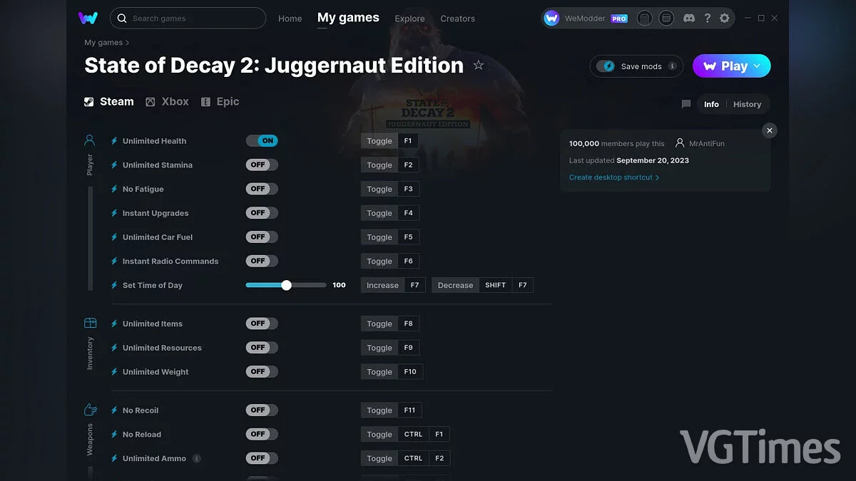 State of Decay 2: Juggernaut Edition — Entrenador (+16) del 20/09/2023 [WeMod]