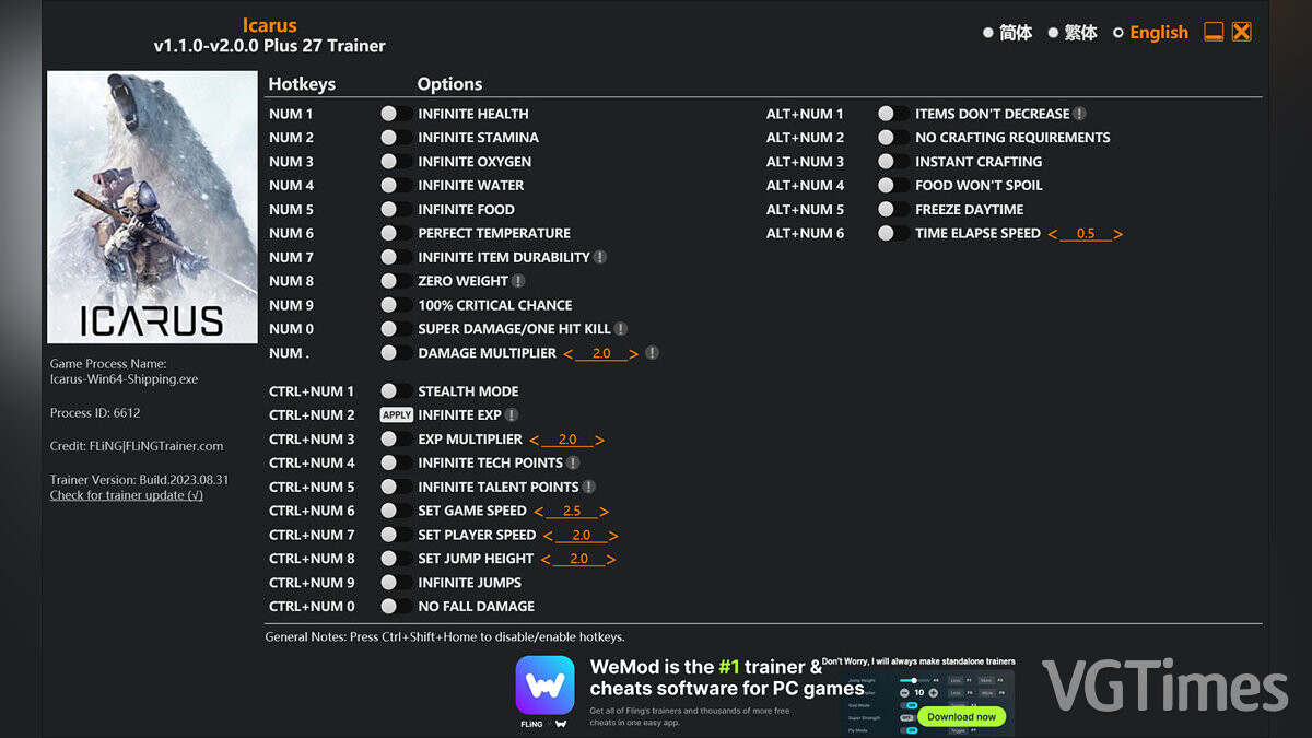 Icarus — Trainer (+27) [1.1.0 - 2.0.0]