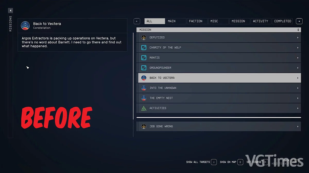 Starfield — Удобное меню миссий