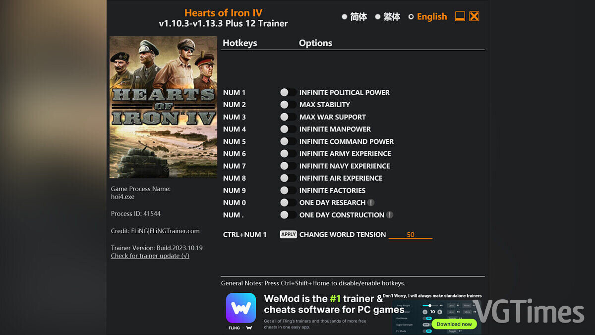 Hearts of Iron 4 — Trainer (+12) [1.10.3 - 1.13.3]