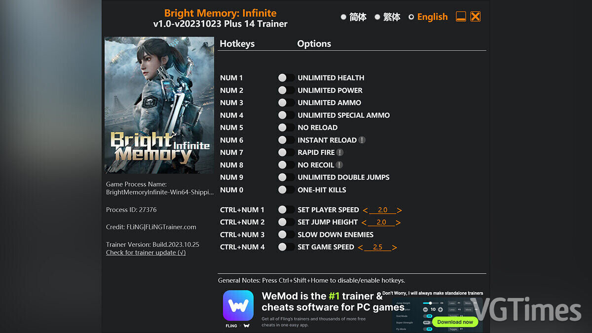 Bright Memory: Infinite — Trainer (+14) [1.0 - UPD: 10/25/2023]