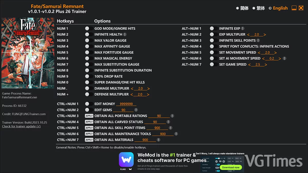 Fate/Samurai Remnant — Trainer (+26) [1.0.1 - 1.0.2]