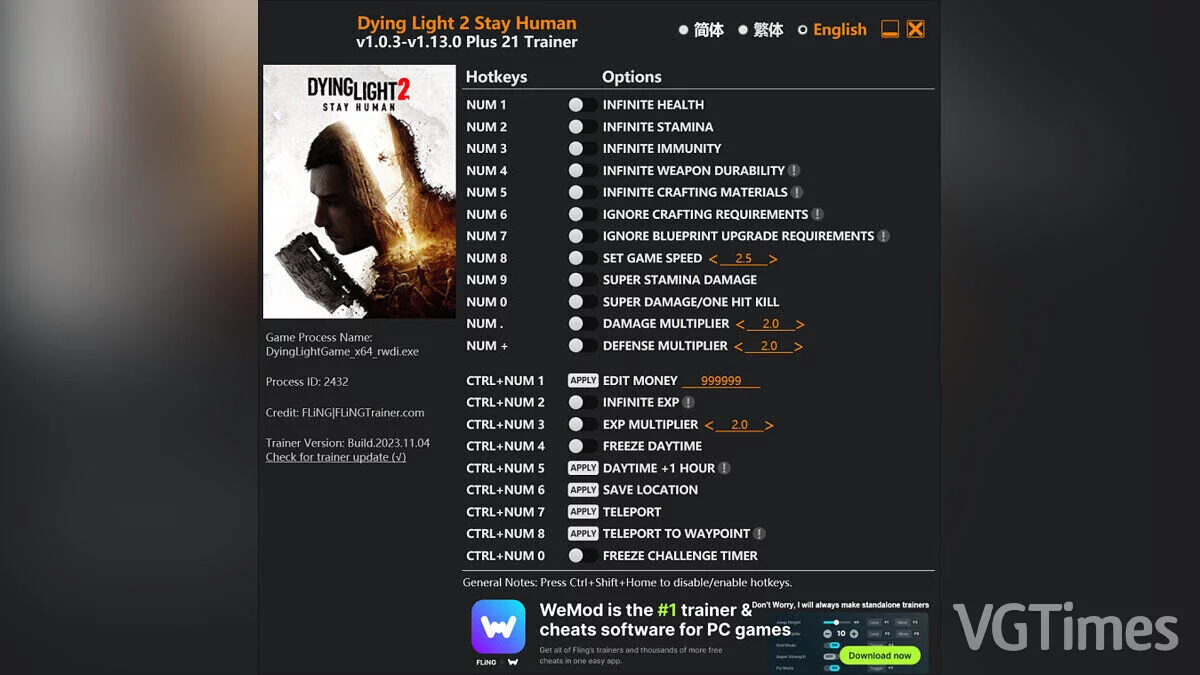 Dying Light 2 Stay Human — Trainer (+21) [1.0.3 - 1.13.0]