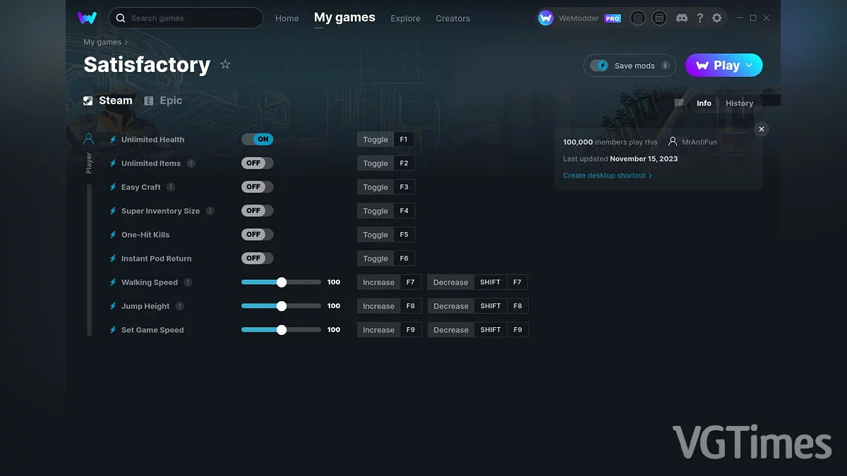 Satisfactory — Entrenador (+9) del 15.11.2023 [WeMod]