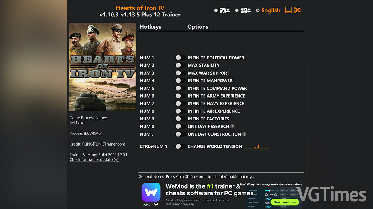 Hearts of Iron 4 — Trainer (+12) [1.10.3 - 1.13.5]