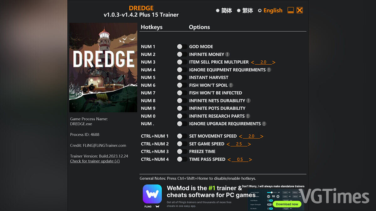 DREDGE — Trainer (+15) [1.0.3-1.4.2]